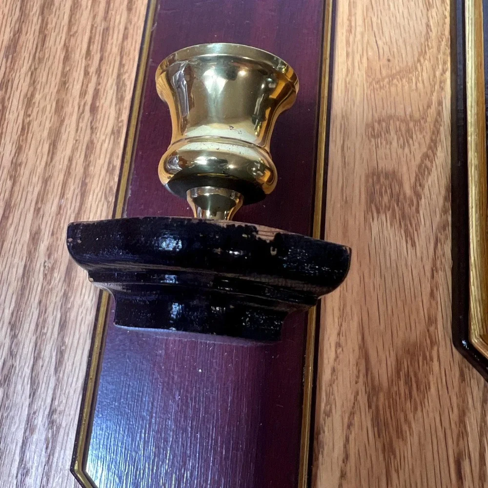 Vintage Pair Wood & Brass Wall Candle Sconces Federal Colonial Traditional Decor